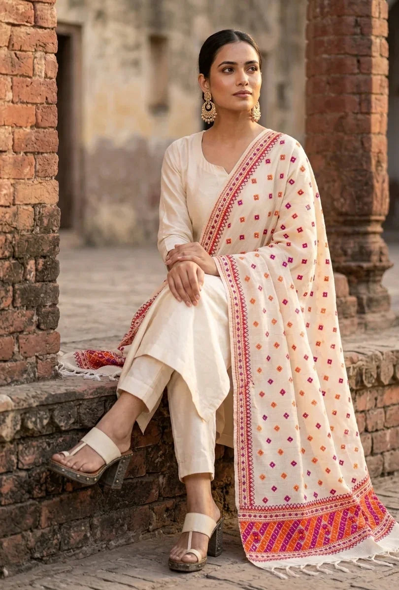 Phulkari Dupatta – Hand Embroidered Off White Dupatta for Women | The Amritsar Store - The Amritsar Store