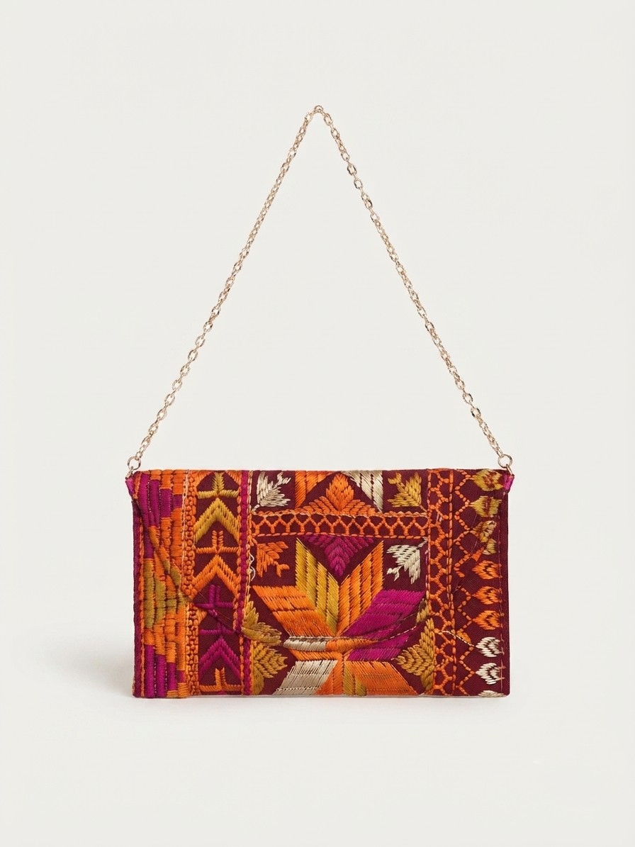 Phulkari embroidered wallet for women with golden chain