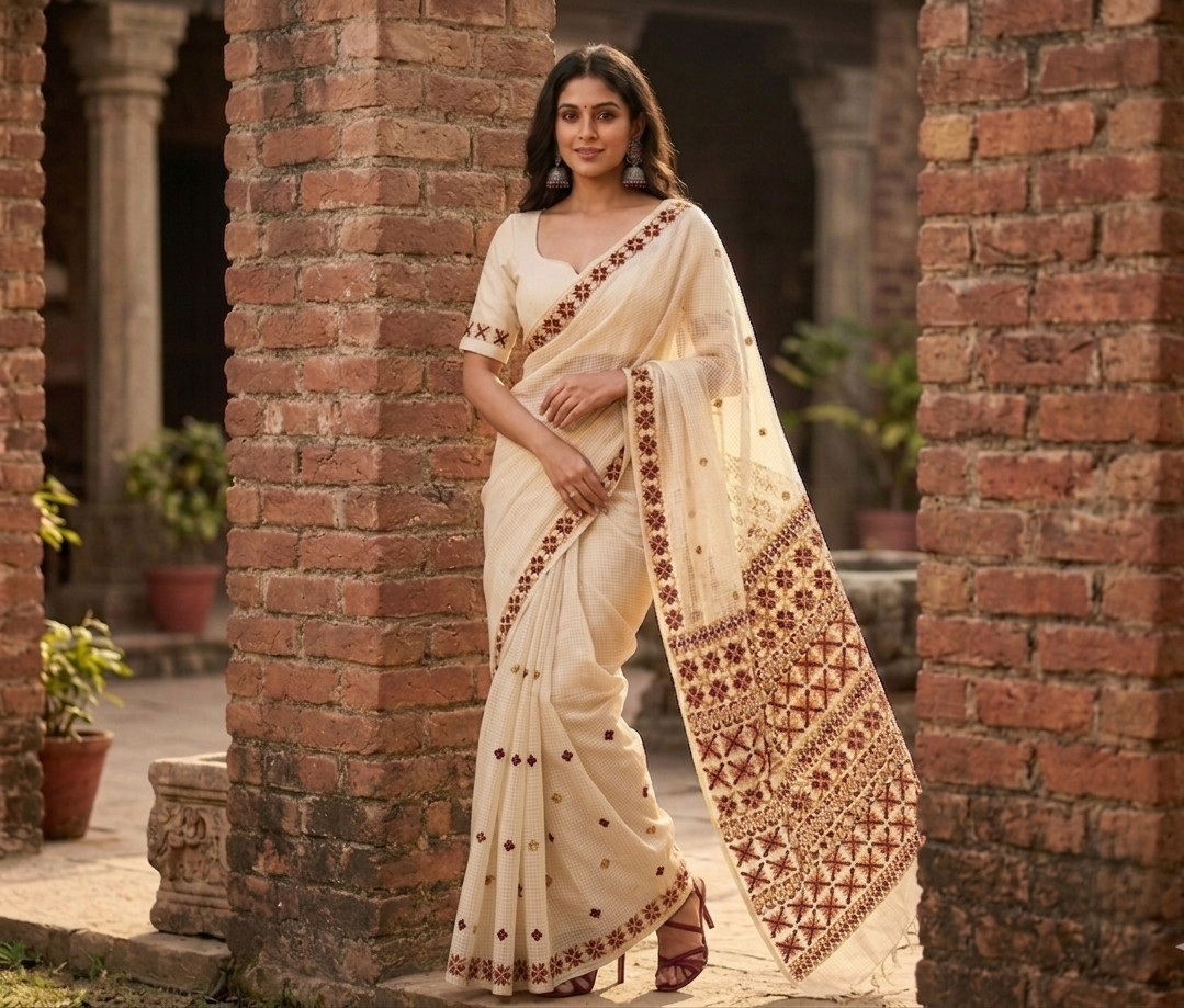 Hand embroidered off-white Phulkari saree for women with traditional Punjabi embroidery