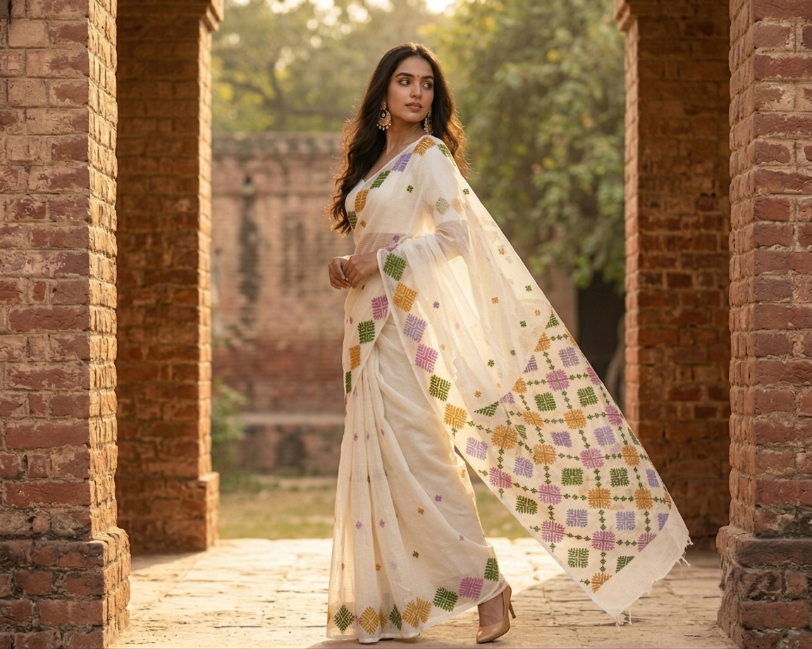 Hand embroidered off white Phulkari Bagh saree featuring traditional Punjabi geometric motifs and artisan craftsmanship.