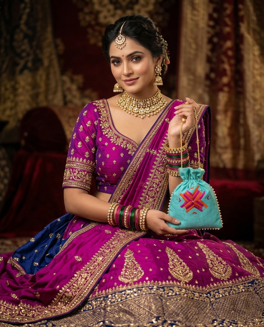 Handcrafted Phulkari Potli Bag by The Amritsar Store featuring vibrant Punjabi embroidery, perfect for weddings, festive occasions, and ethnic wear styling.
