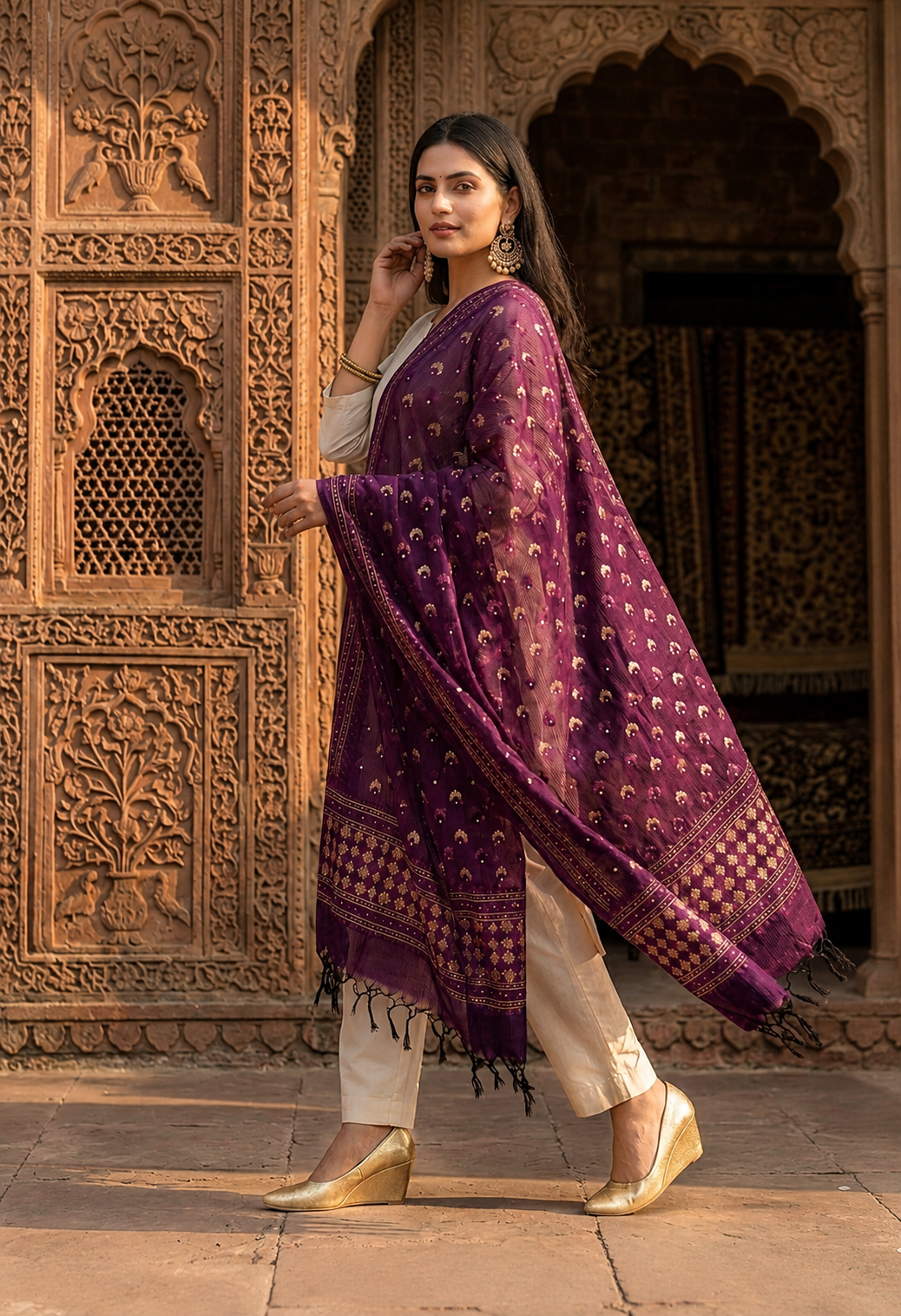 Hand embroidered purple Phulkari dupatta for women with traditional Punjabi embroidery, elegant ethnic wrap featuring detailed artisan threadwork by The Amritsar Store