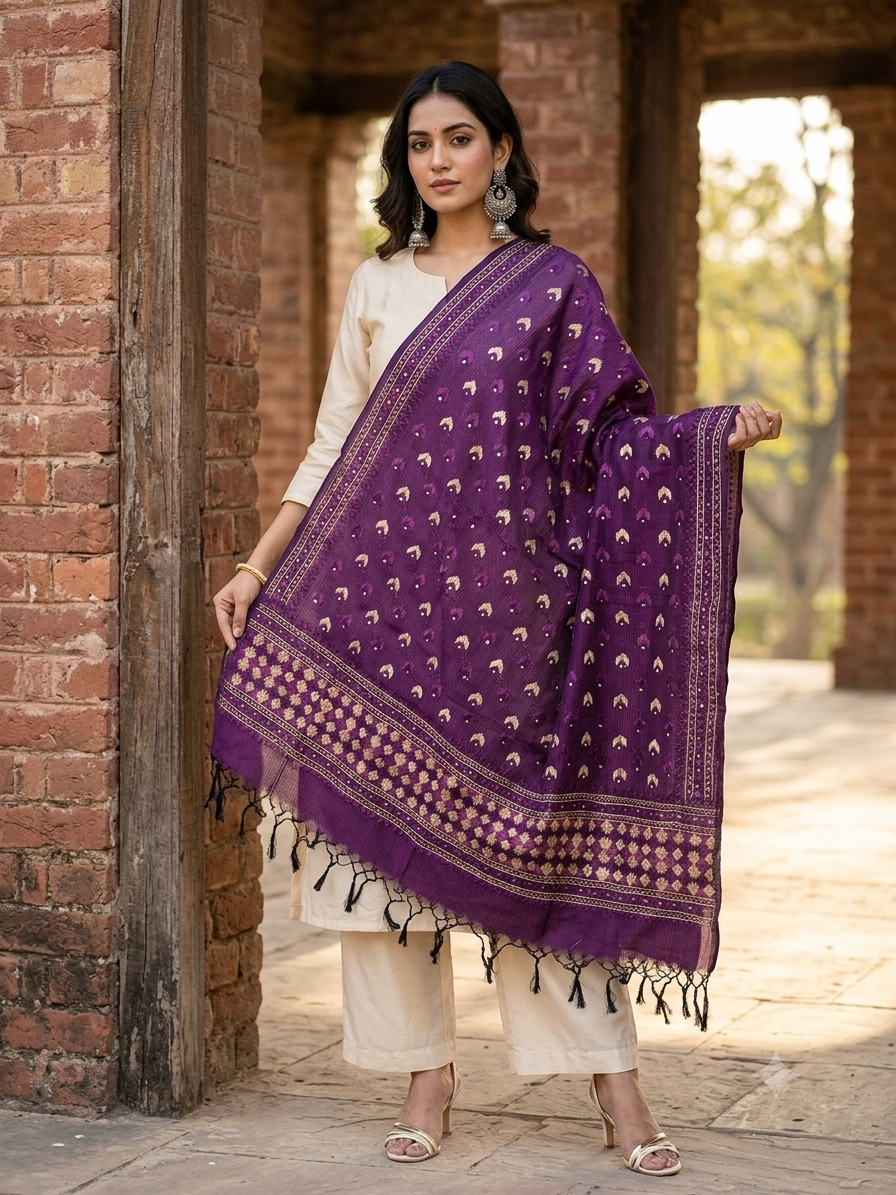 Hand embroidered purple Phulkari dupatta featuring traditional Punjabi embroidery and vibrant threadwork