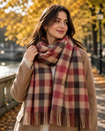 Red & Beige Checkered Scarf for Men & Women – Soft Fringe Winter Wrap | The Amritsar Store - The Amritsar Store