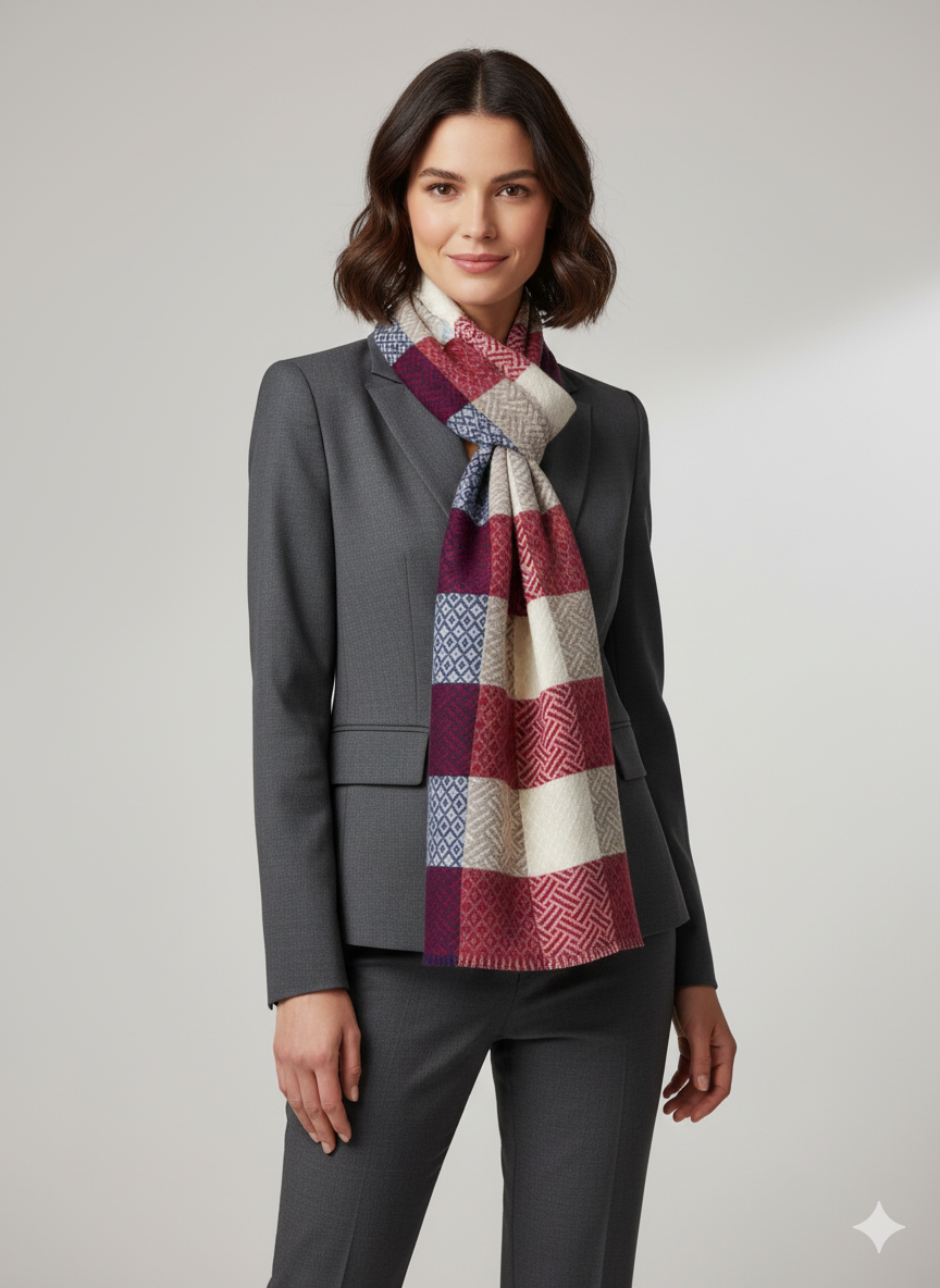 Multicolor geometric checkered winter scarf for women in red blue beige and white soft warm wrap