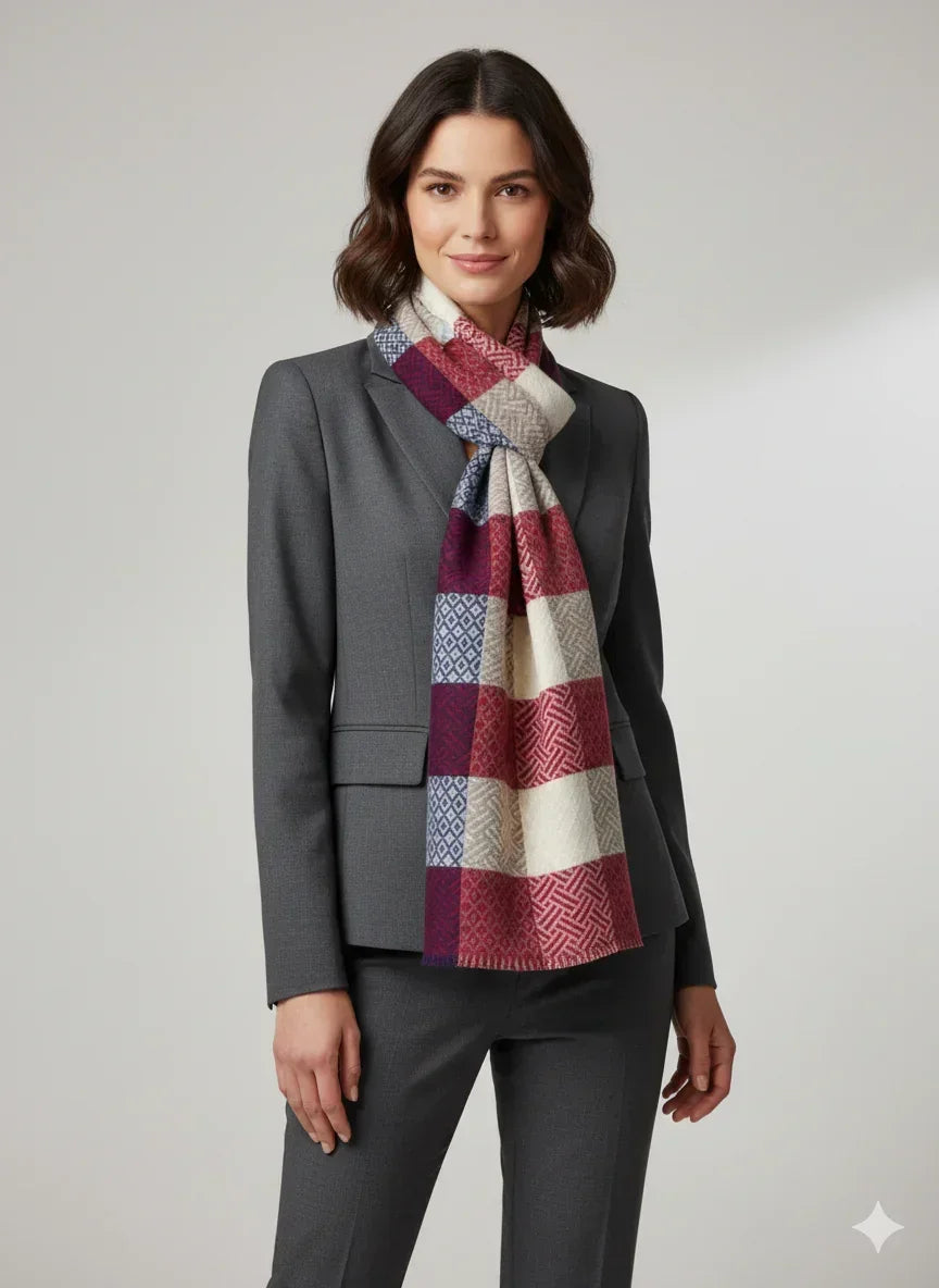 The Amritsar Store Multicolor Geometric Checkered Scarf – Soft Winter Wrap in Red, Blue, Beige & White - The Amritsar Store