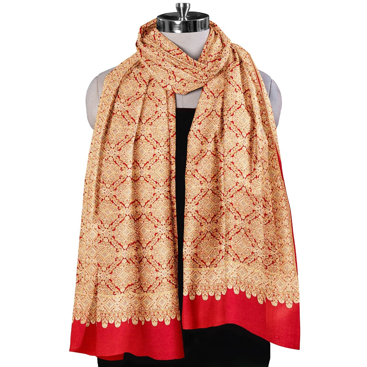 The Amritsar Store Women’s Red Shawl with full heavy embroidery jaal – richly handcrafted design showcasing traditional Kashmiri artistry and elegance