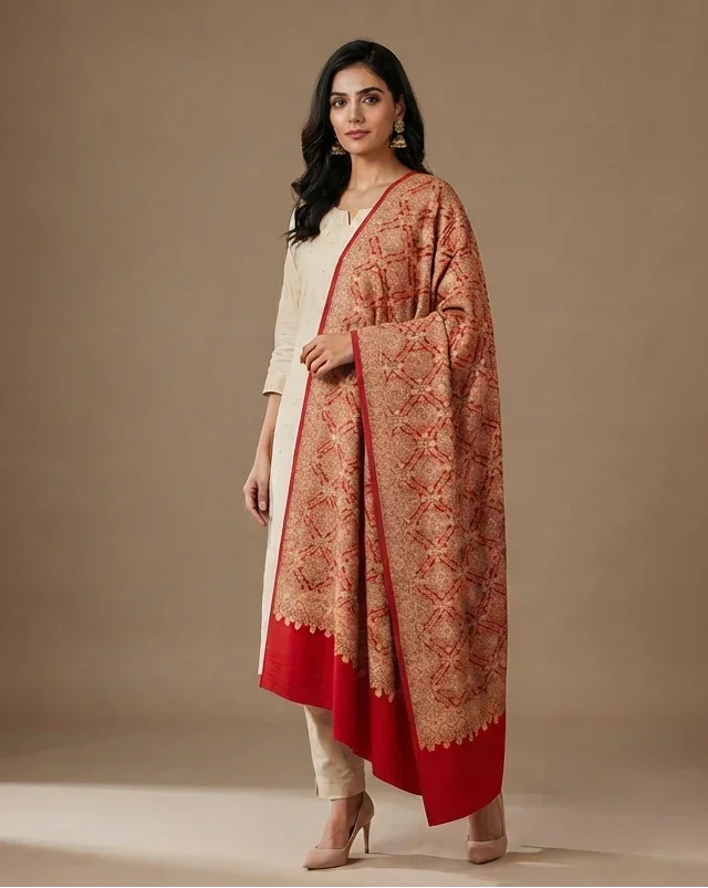 Women's Red Shawl with Full Heavy Jaal Embroidery | The Amritsar Store - The Amritsar Store
