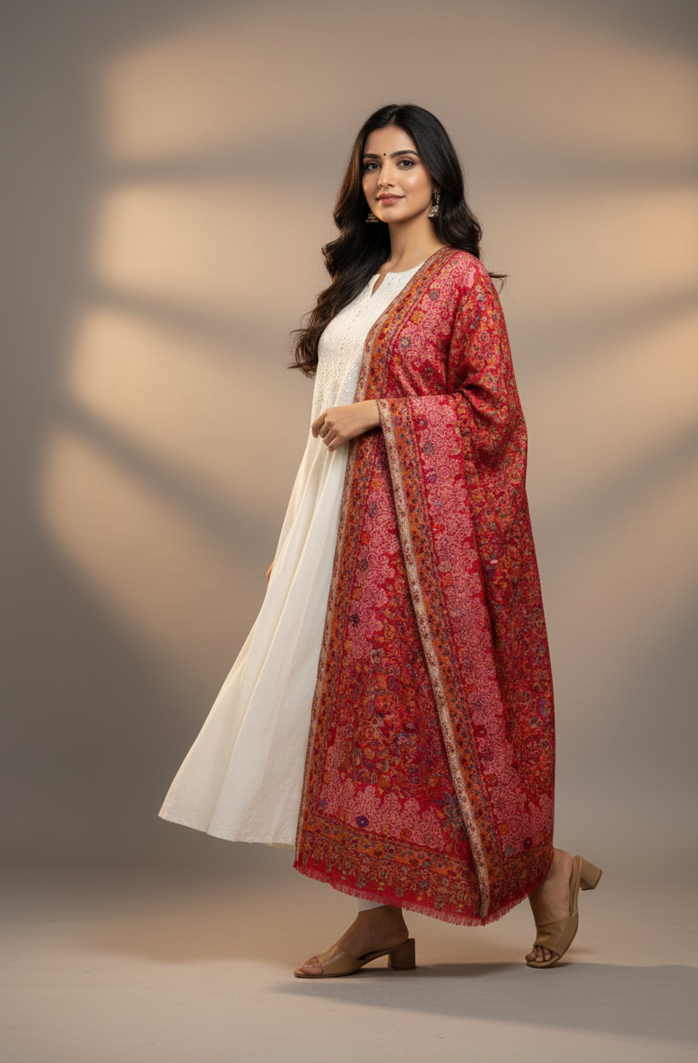“The Amritsar Store Red Jaal Pattern Shawl with Intricate Floral Vine Weave – Premium Kashmiri Wool Wrap”