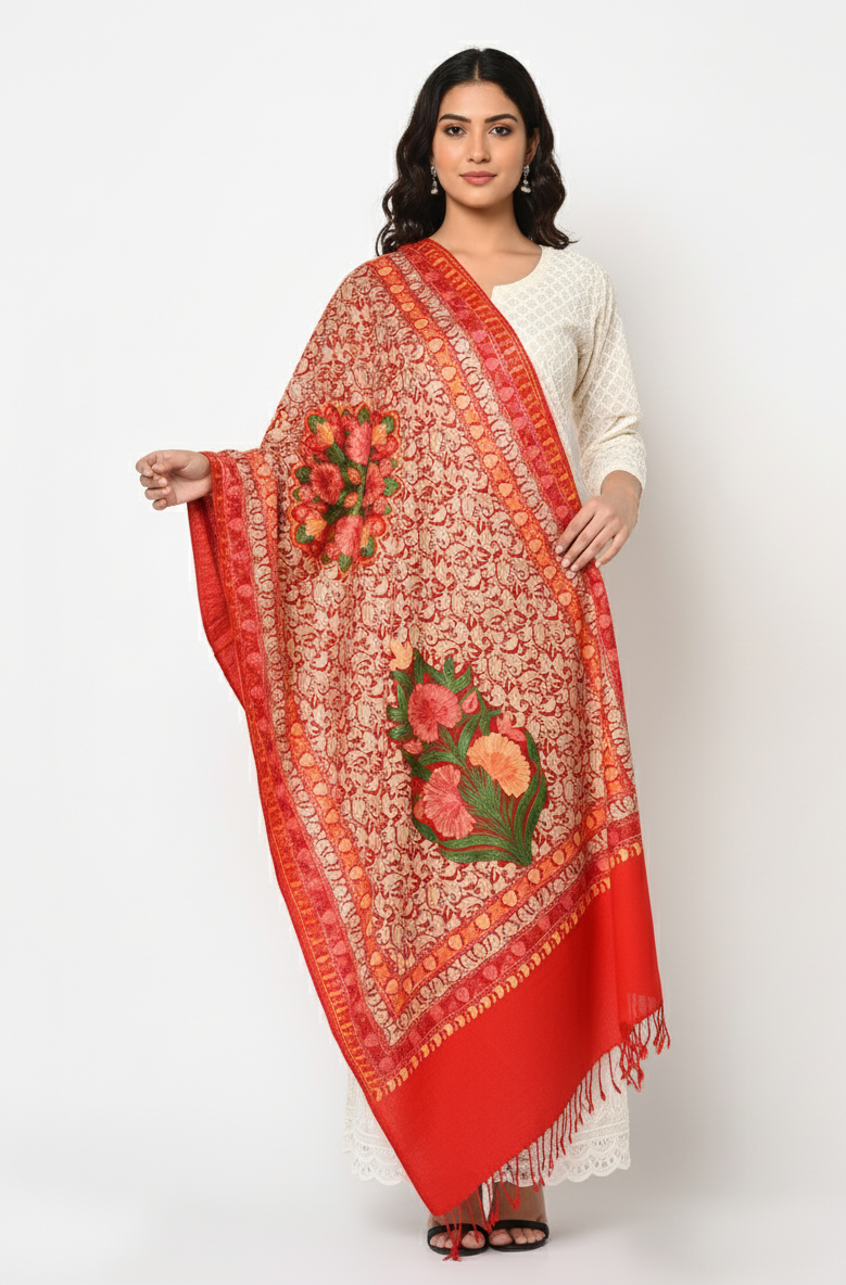 Red Kashmiri stole with multicolor Aari embroidered floral jaal, handcrafted wool stole by The Amritsar Store