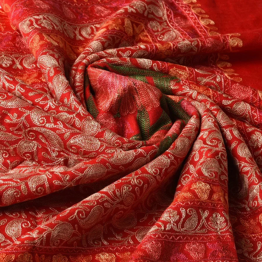 Women's Red Kashmiri Stole – Multicolor Aari Embroidered Floral Jaal | The Amritsar Store - The Amritsar Store