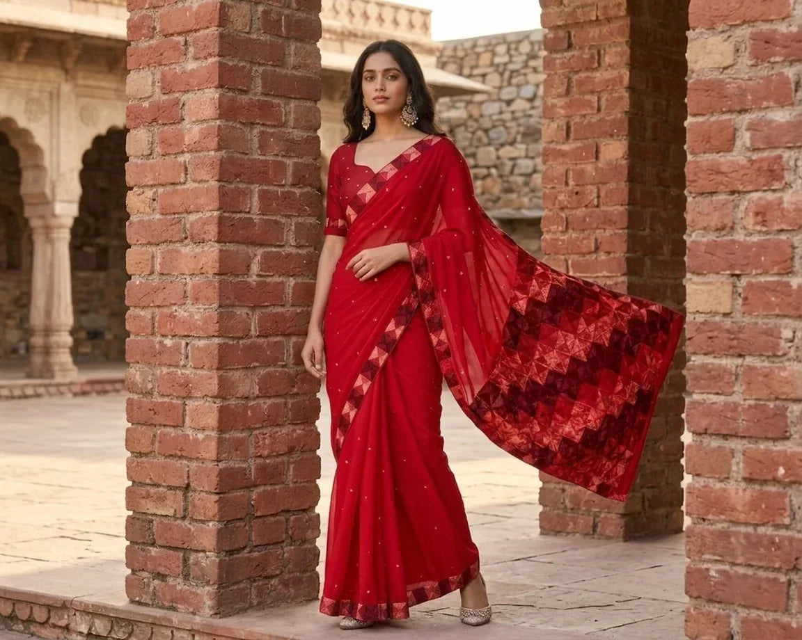 Phulkari Saree – Hand Embroidered Red Saree for Women | The Amritsar Store - The Amritsar Store
