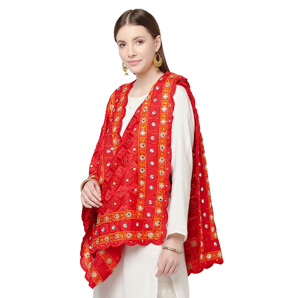 Red Phulkari Dupatta Four Side Cut Work With Mirror By The Amritsar Store - The Amritsar Store
