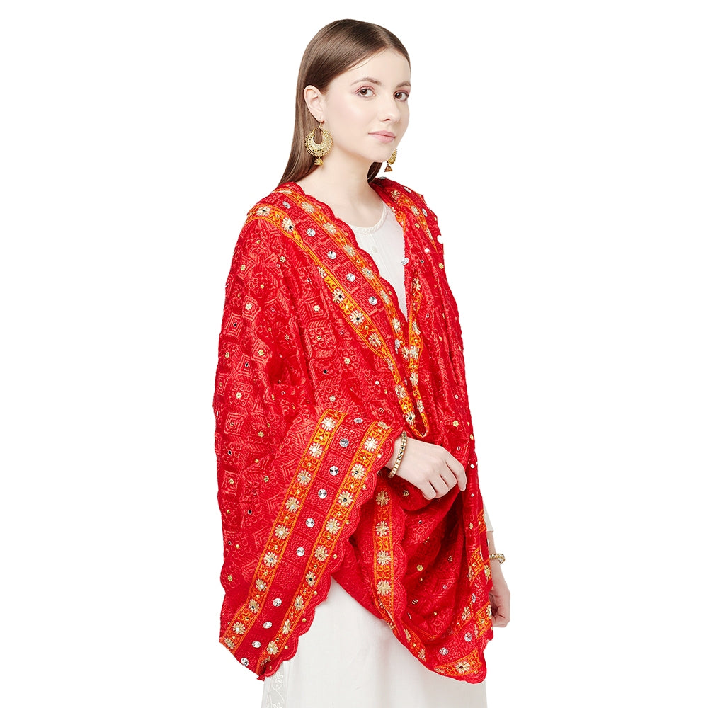 Red Phulkari Dupatta Four Side Cut Work With Mirror By The Amritsar Store - The Amritsar Store