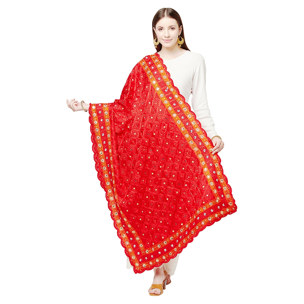 Red Phulkari Dupatta Four Side Cut Work With Mirror By The Amritsar Store - The Amritsar Store
