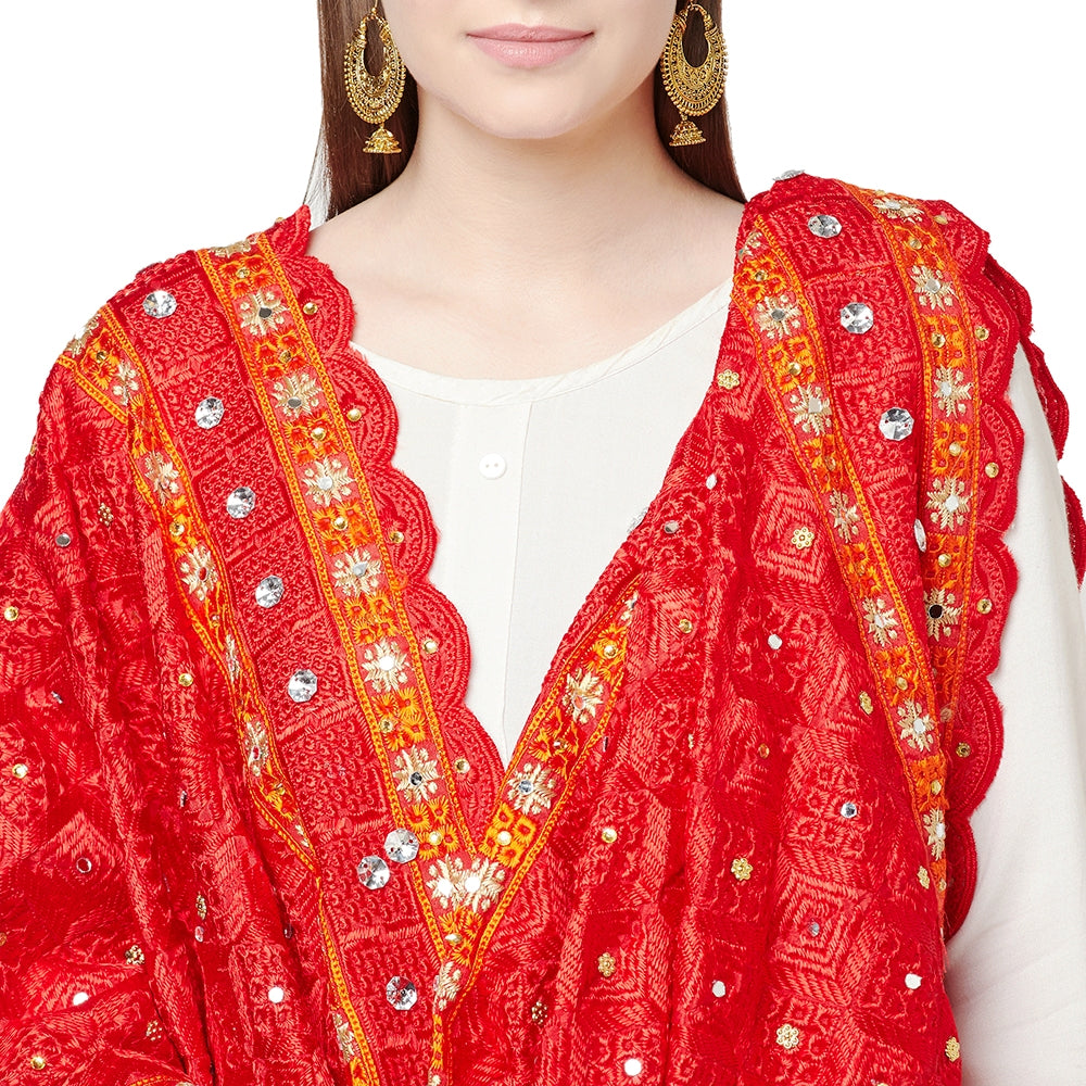 Red Phulkari Dupatta Four Side Cut Work With Mirror By The Amritsar Store - The Amritsar Store
