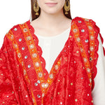 Red Phulkari Dupatta Four Side Cut Work With Mirror By The Amritsar Store - The Amritsar Store