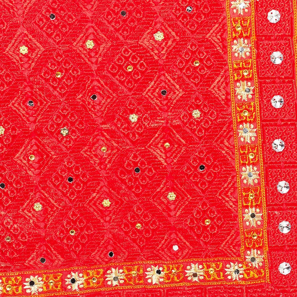 Red Phulkari Dupatta Four Side Cut Work With Mirror By The Amritsar Store - The Amritsar Store