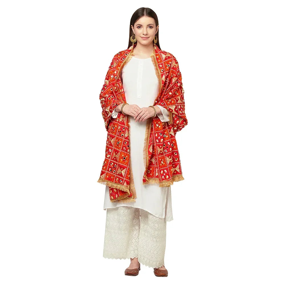 Red Phulkari Dupatta With Four Side Golden Lace & Mirror Work By The Amritsar Store - The Amritsar Store