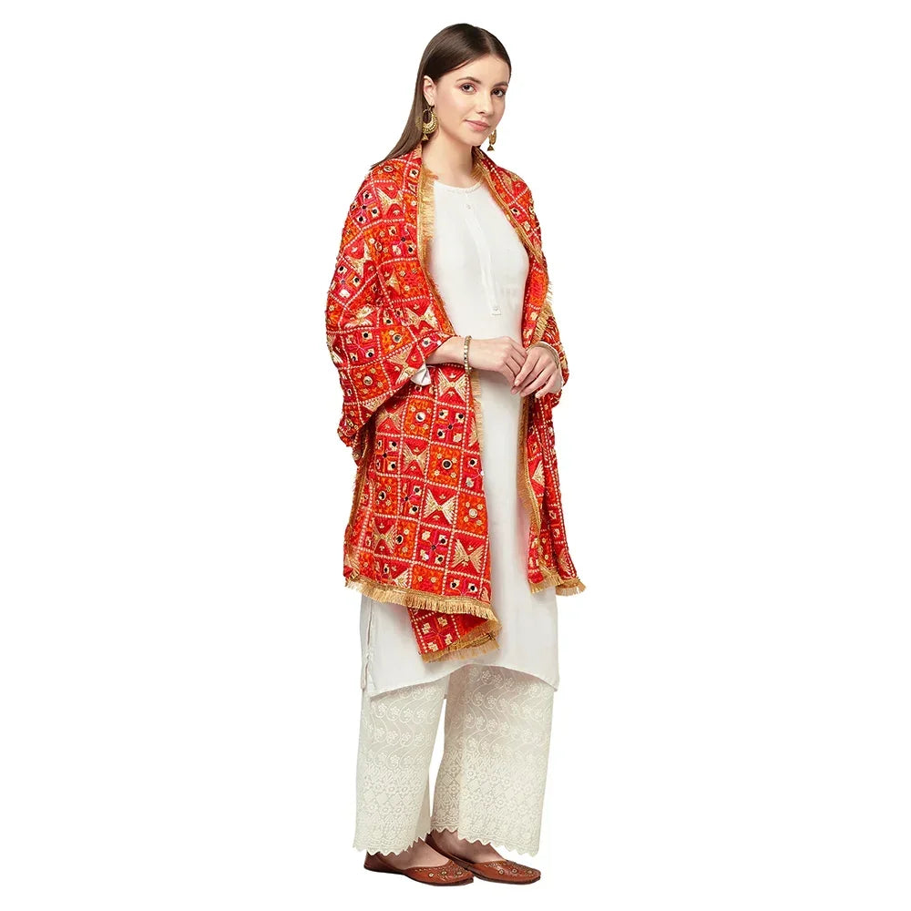 Red Phulkari Dupatta With Four Side Golden Lace & Mirror Work By The Amritsar Store - The Amritsar Store