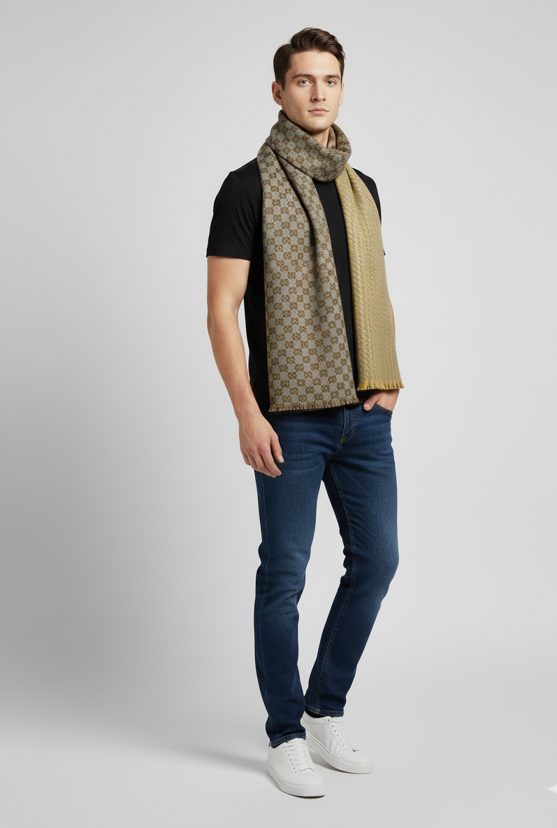 "Two-Tone Reversible Scarf with Houndstooth and Double-G Pattern, Unisex Fashion Accessory by The Amritsar Store"