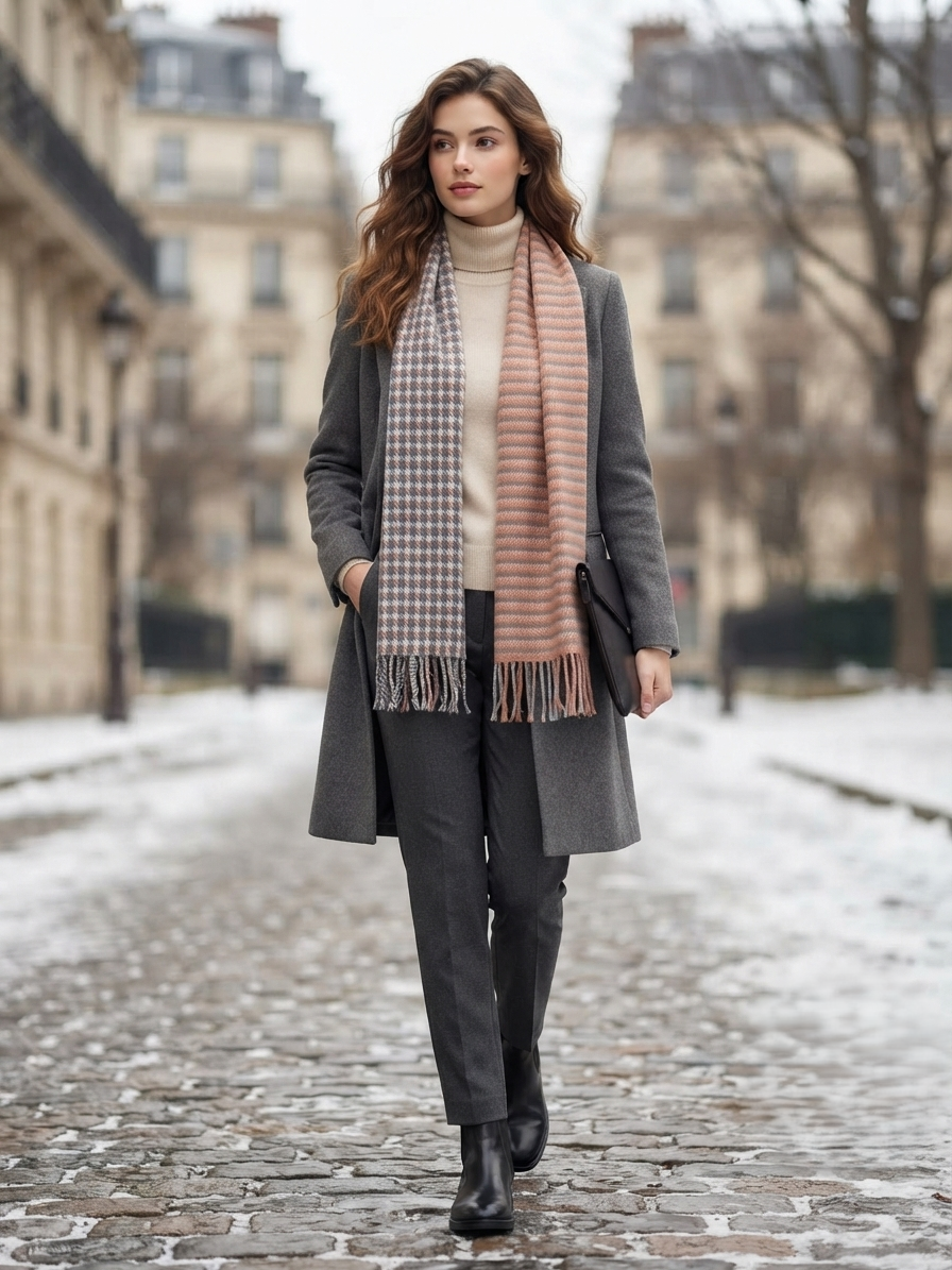 Reversible Wool Scarf – Grey Plaid & Soft Pink Winter Scarf for Unisex | The Amritsar Store - The Amritsar Store