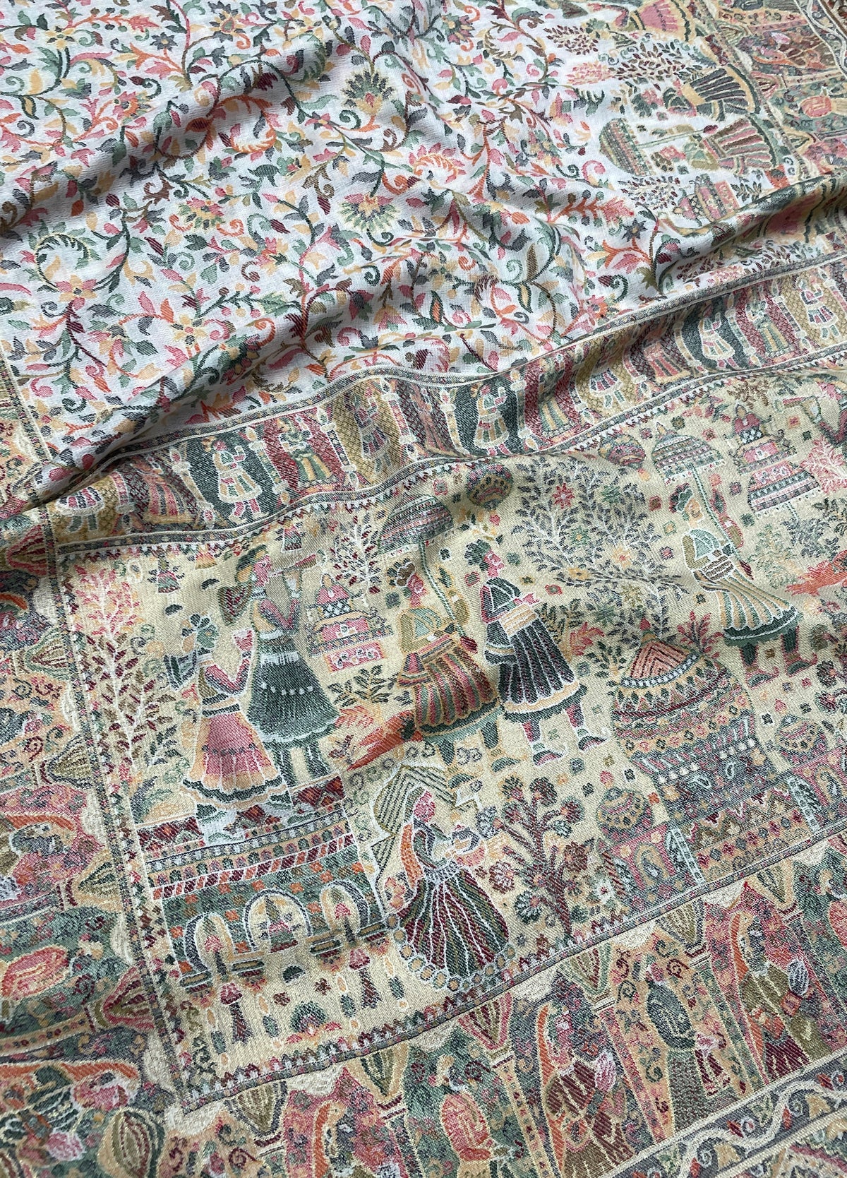 Royal Heritage stole by The Amritsar Store featuring intricate Mughal Darbar scenes with detailed floral jaal weave in rich traditional tones