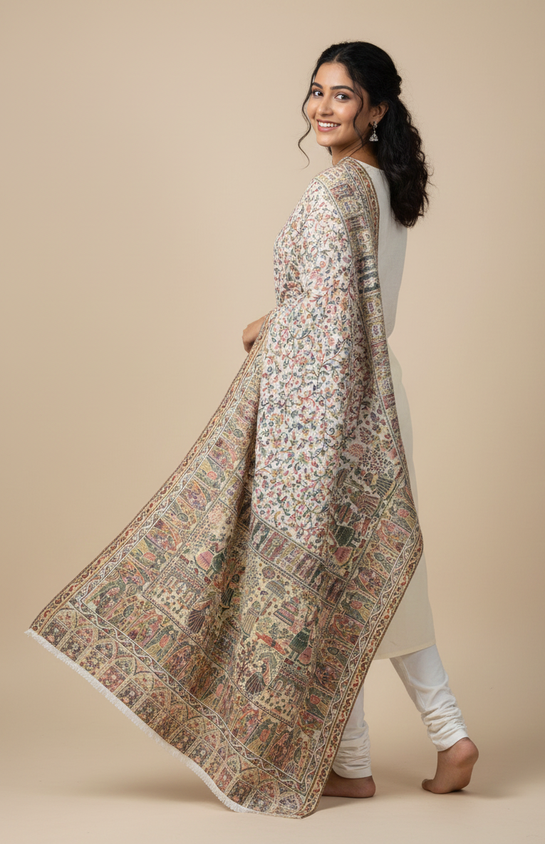 Royal Heritage stole by The Amritsar Store featuring intricate Mughal Darbar scenes with detailed floral jaal weave in rich traditional tones