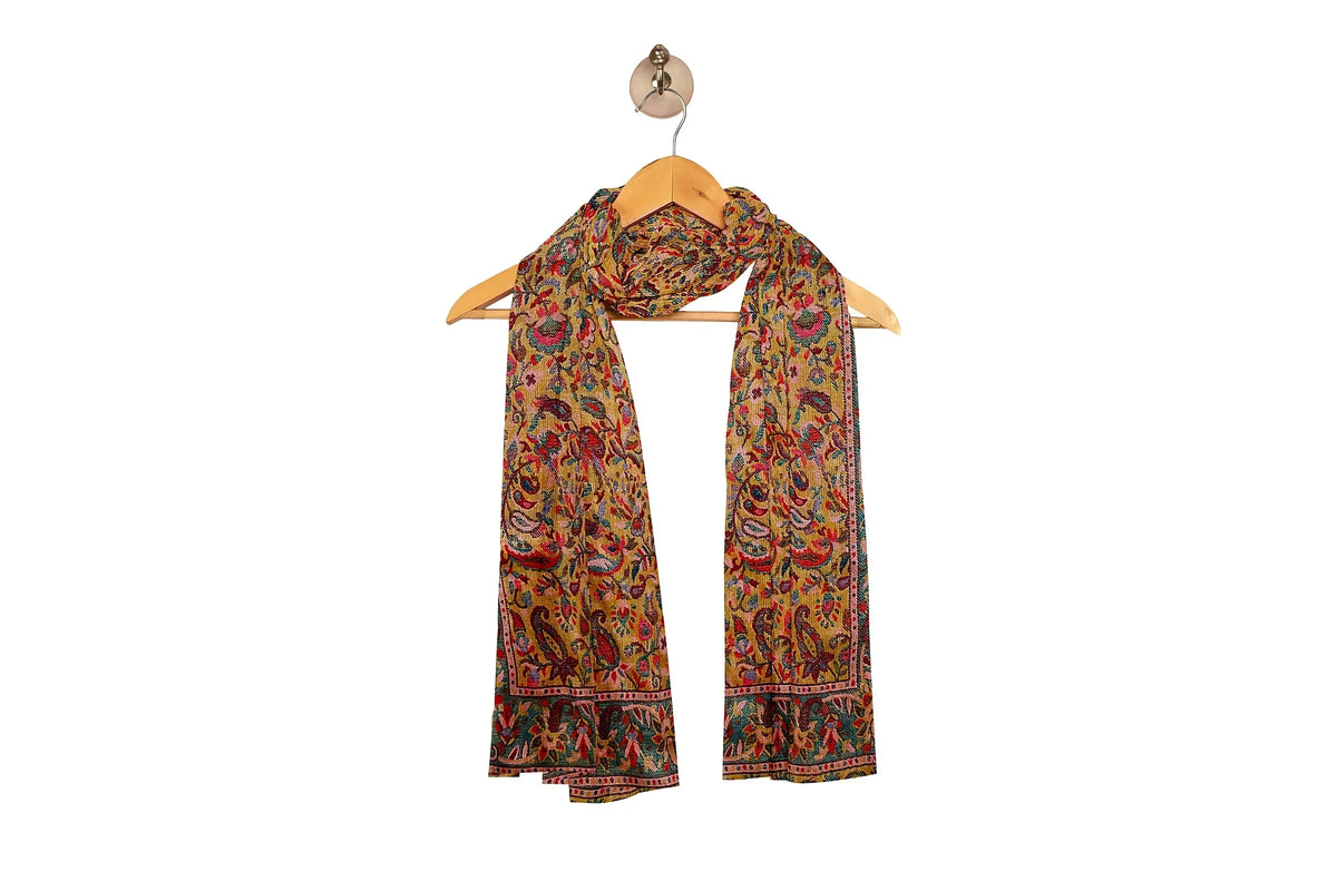 The Amritsar Store ,Golden Yellow Base Multicolored Floral & Paisley Shawl - The Amritsar Store