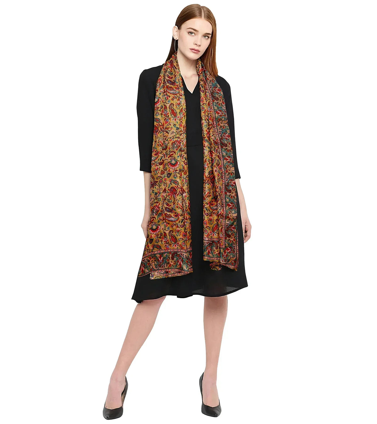 The Amritsar Store ,Golden Yellow Base Multicolored Floral & Paisley Shawl - The Amritsar Store