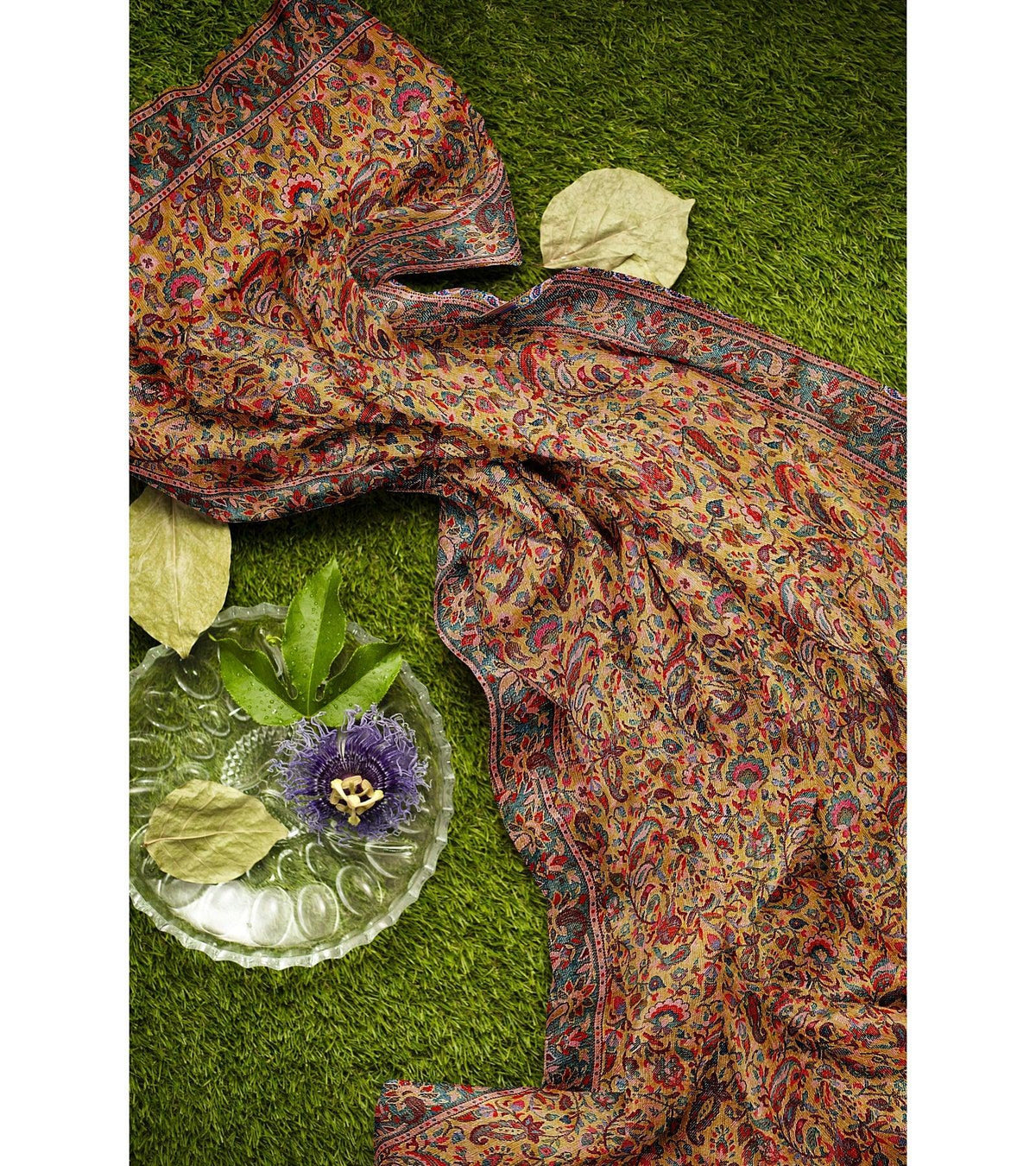 The Amritsar Store ,Golden Yellow Base Multicolored Floral & Paisley Shawl - The Amritsar Store