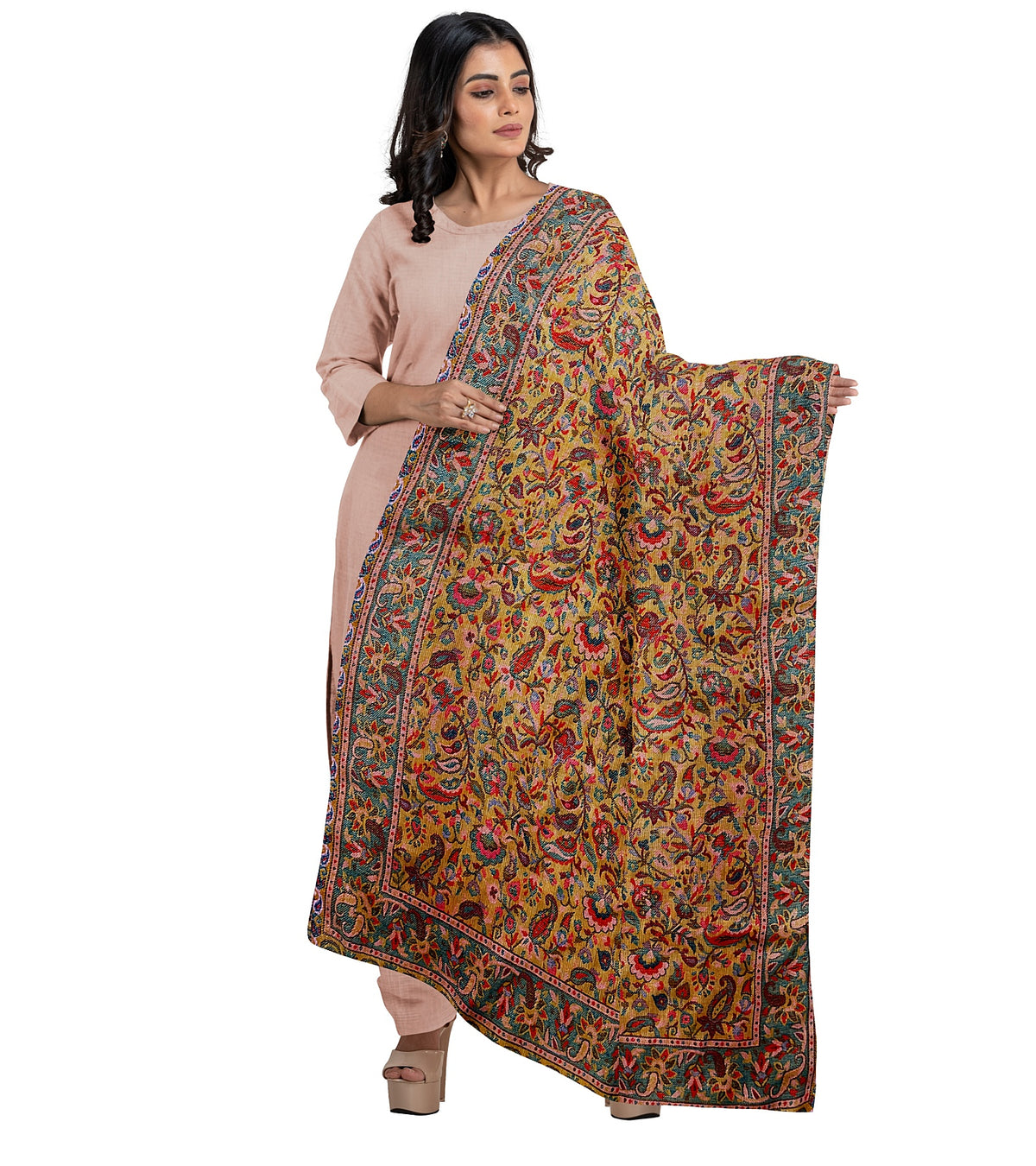 Golden Yellow Base Multicolored Floral & Paisley Shawl