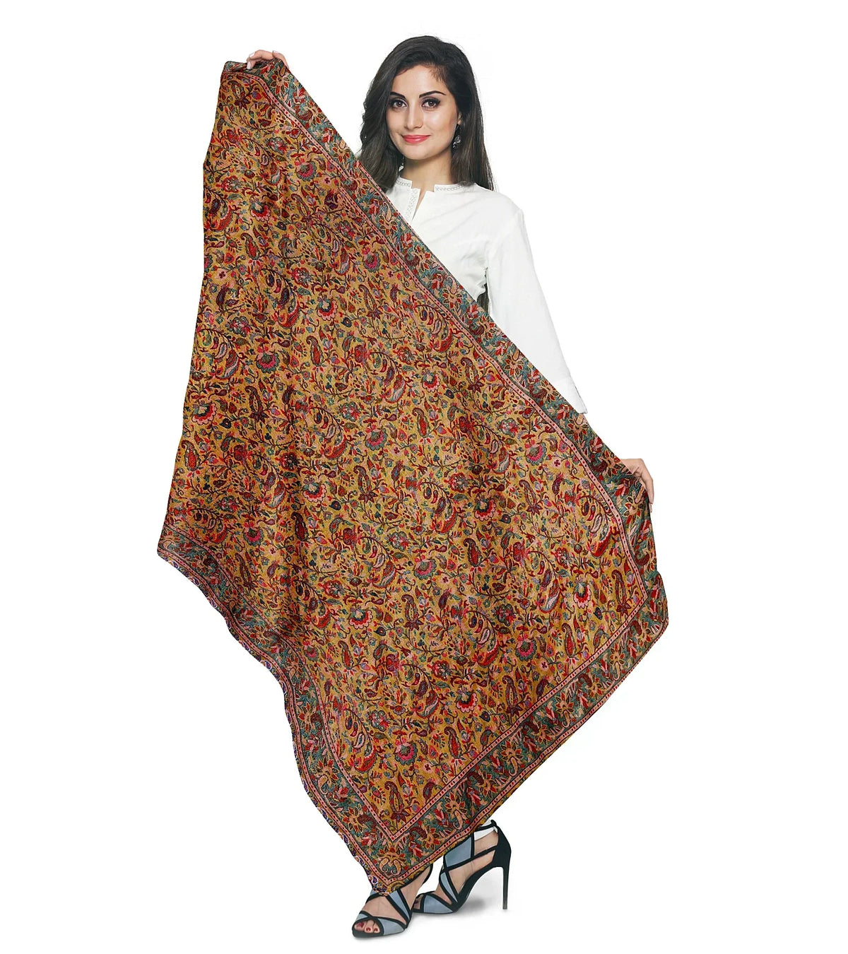 The Amritsar Store ,Golden Yellow Base Multicolored Floral & Paisley Shawl - The Amritsar Store