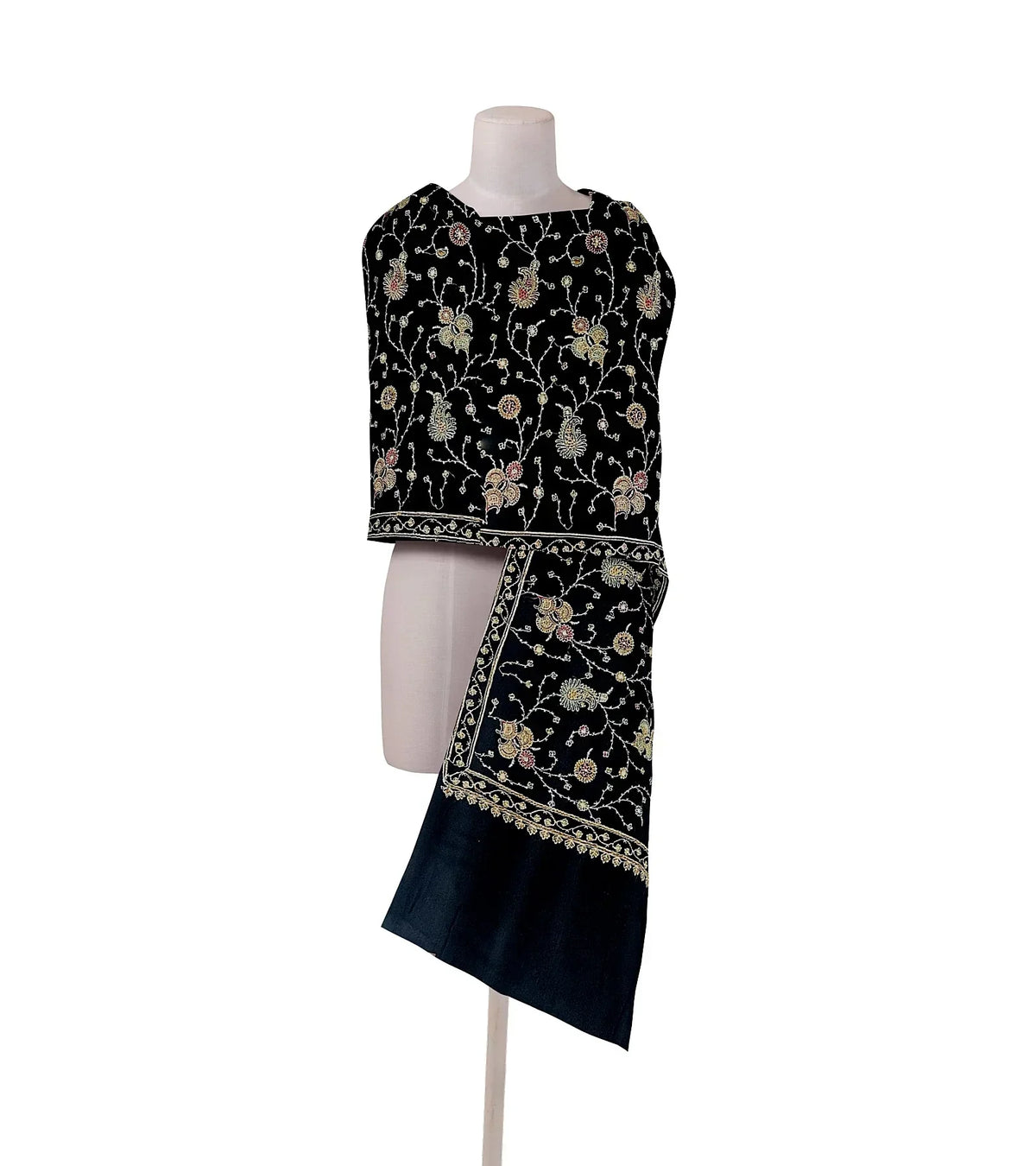 The Amritsar Store Womens Black Hand Embroidered Stole – Elegant Wool Wrap for Women - The Amritsar Store
