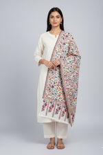 Kashmiri Sozni Embroidered Stole by The Amritsar Store – multicolor floral embroidery with pastel paisley border, handcrafted on soft wool fabric.