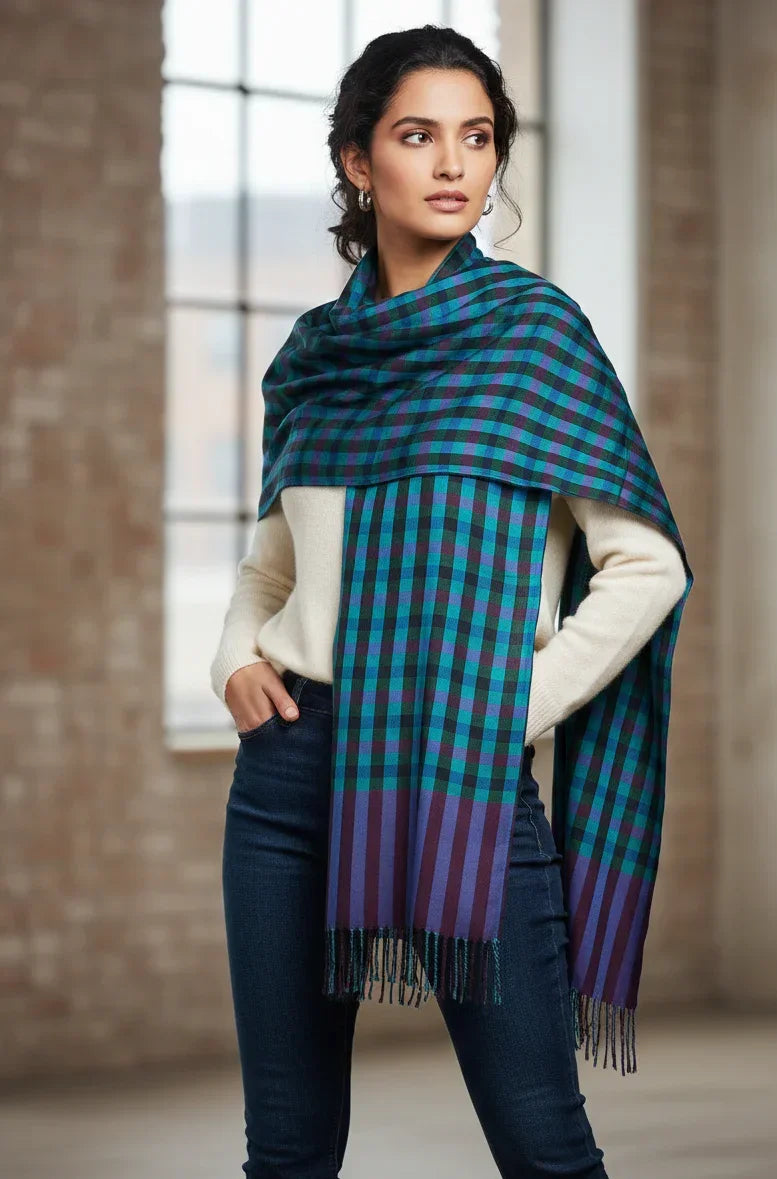 The Amritsar Store ,Multicolor Bamboo Silk Scarf, Soft & Fine Quality with Check Pattern Reversible - The Amritsar Store