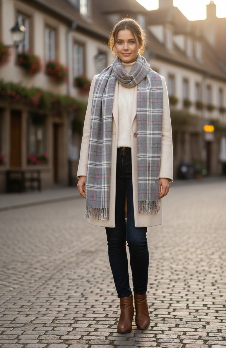 “The Amritsar Store winter plaid wool scarf in grey with soft pink accents, warm lightweight wool scarf
