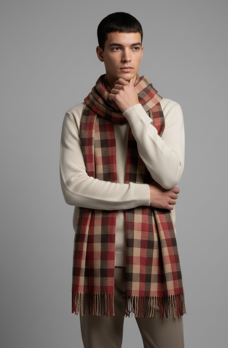 "Classic Red and Beige Checkered Scarf, Soft Winter Wrap for Men and Women by The Amritsar Store"