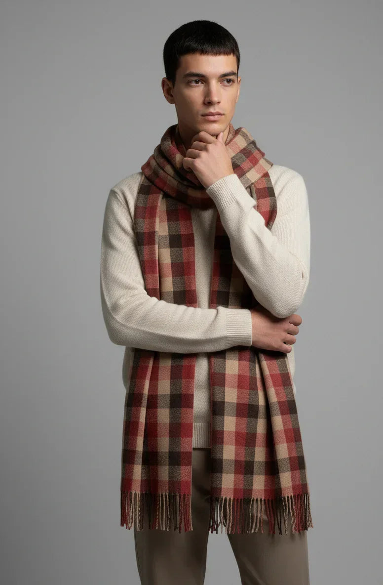 Red & Beige Checkered Scarf for Men & Women – Soft Fringe Winter Wrap | The Amritsar Store - The Amritsar Store