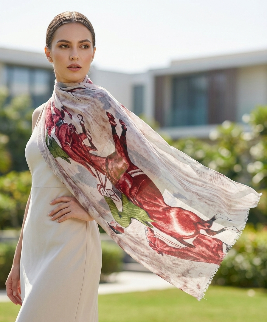 The Amritsar Store vintage horse polo print scarf in beige and rust brown soft wool blend wrap