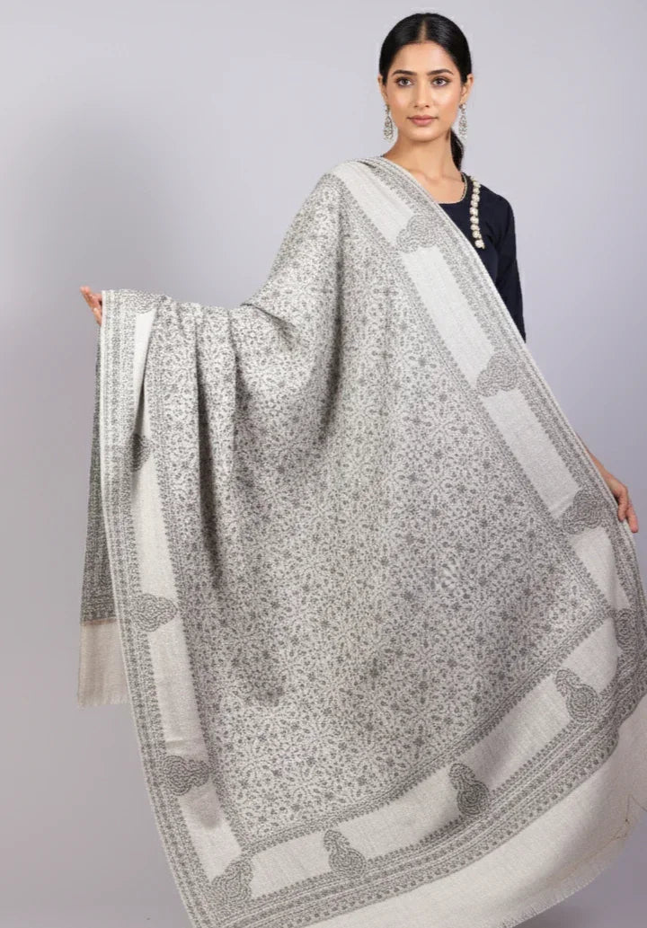 Shawl for Women – Grey Self Weave Wool with Sozni Embroidery | The Amritsar Store - The Amritsar Store