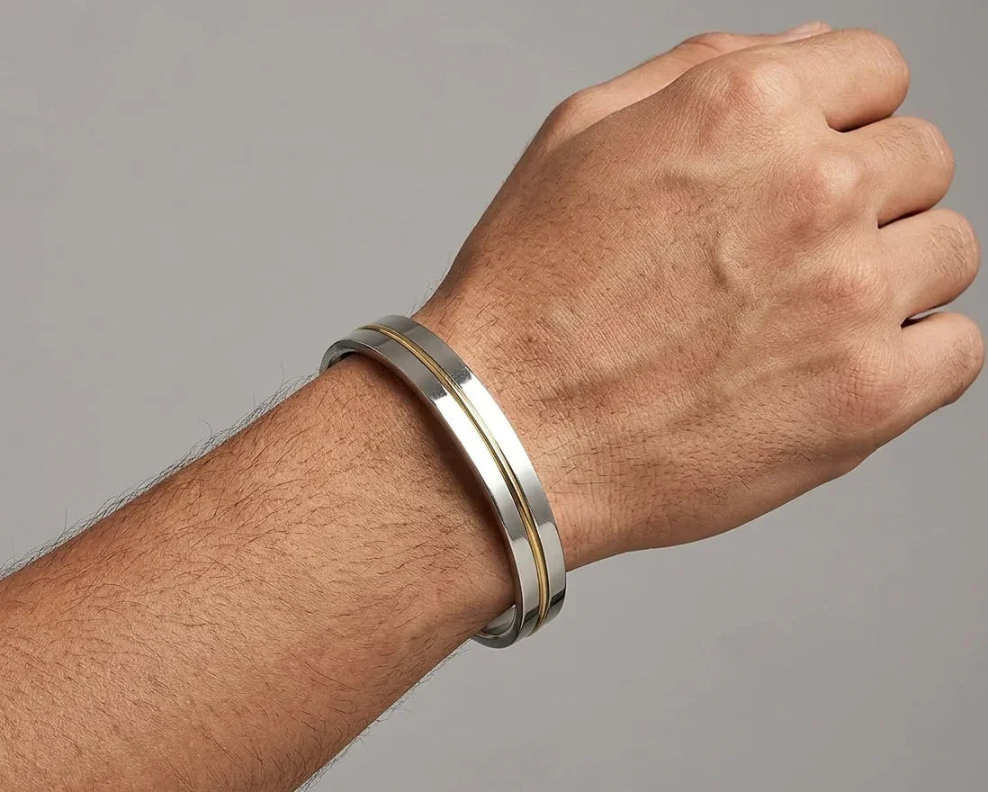 Stainless Steel Kada with Thin Brass Line – 10 MM Thick by The Amritsar Store - The Amritsar Store