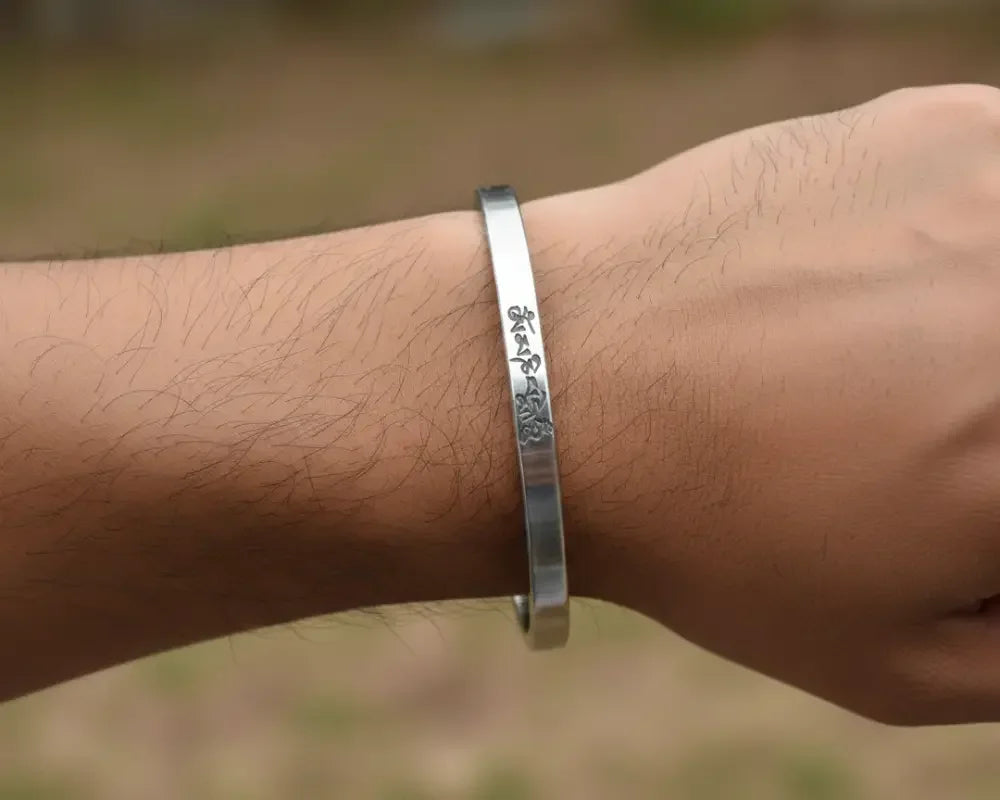 Stainless Steel Photo Kada for Men (Lord Buddha, Om Mani Padmehum Mantra), 12 MM Thick, Heavy By The Amritsar Store - The Amritsar Store