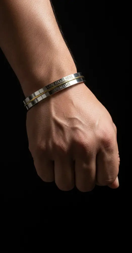 Stainless Steel With Thin Brass Line Customized Personalized Mens Kada - 10 Mm Thick by The Amritsar Store - The Amritsar Stor