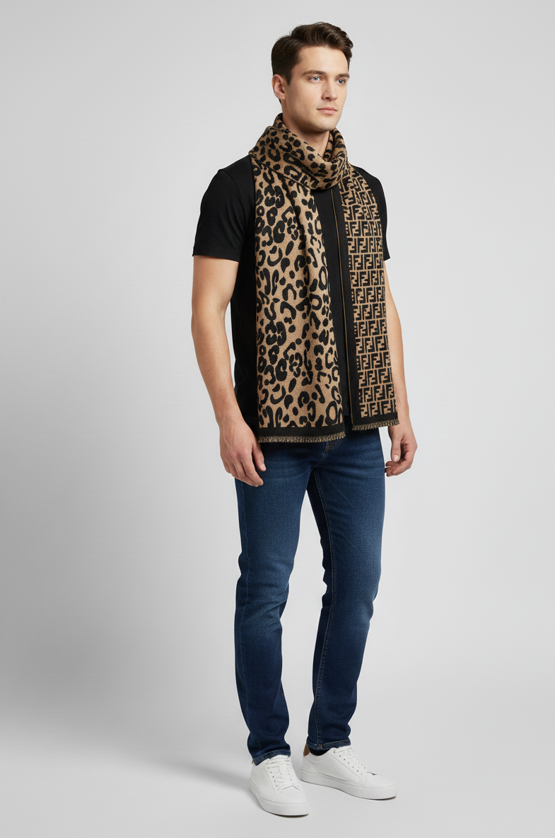 "Reversible Leopard Print and Fendi-Inspired Scarf, Stylish Unisex Fashion Wrap by The Amritsar Store"