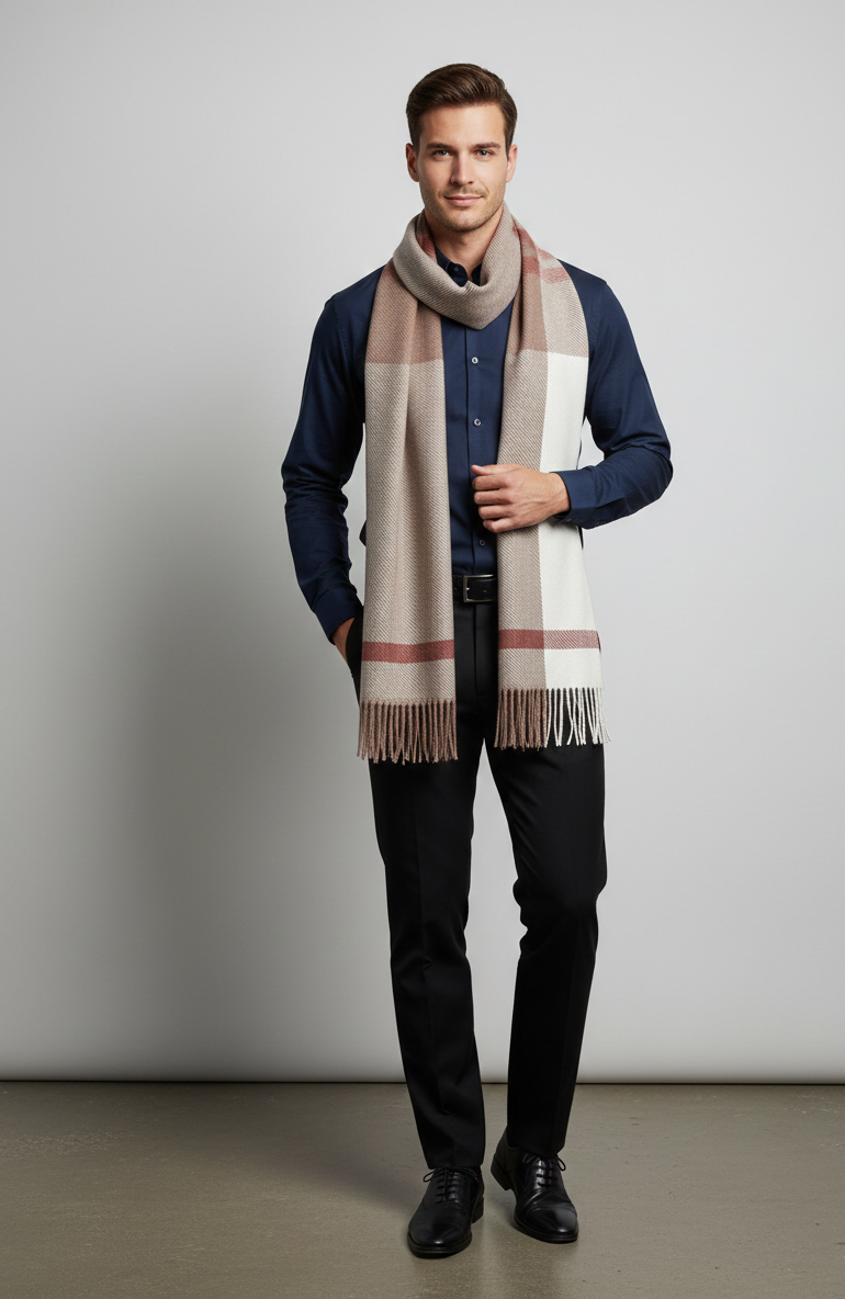 The Amritsar Store Classic Taupe & Ivory Check Wool Scarf – Soft Warm Winter Scarf for Women”
