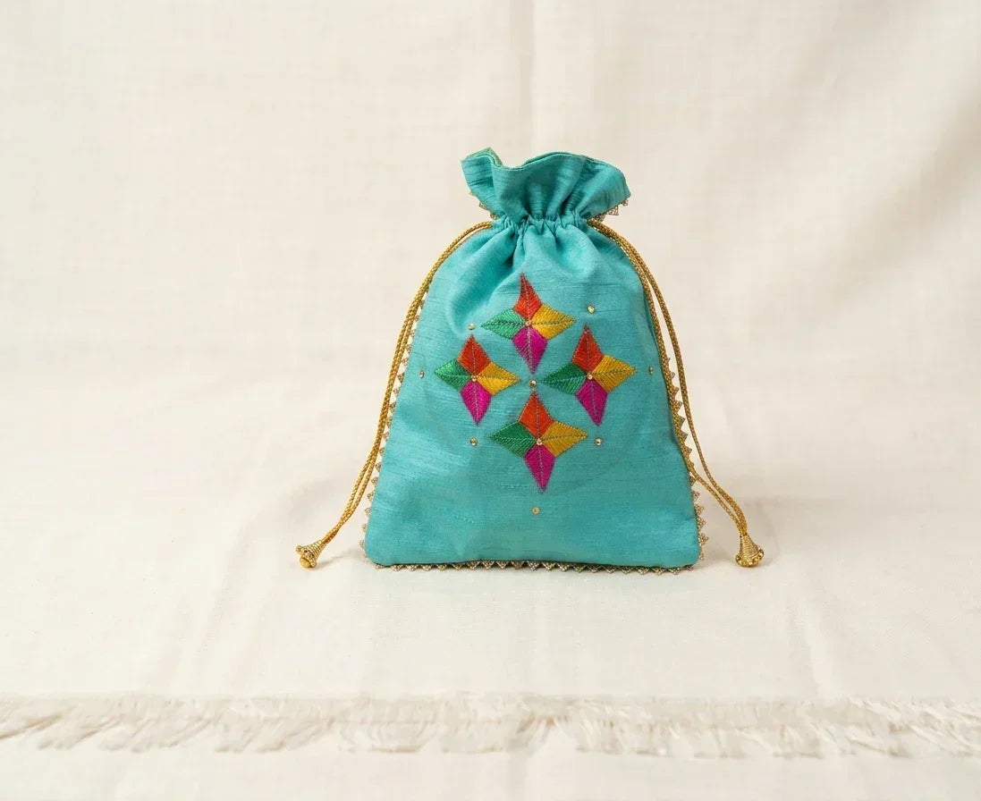 The Amritsar Store Phulkari Hand Embroidered Potli Bag with Golden Lace - The Amritsar Store