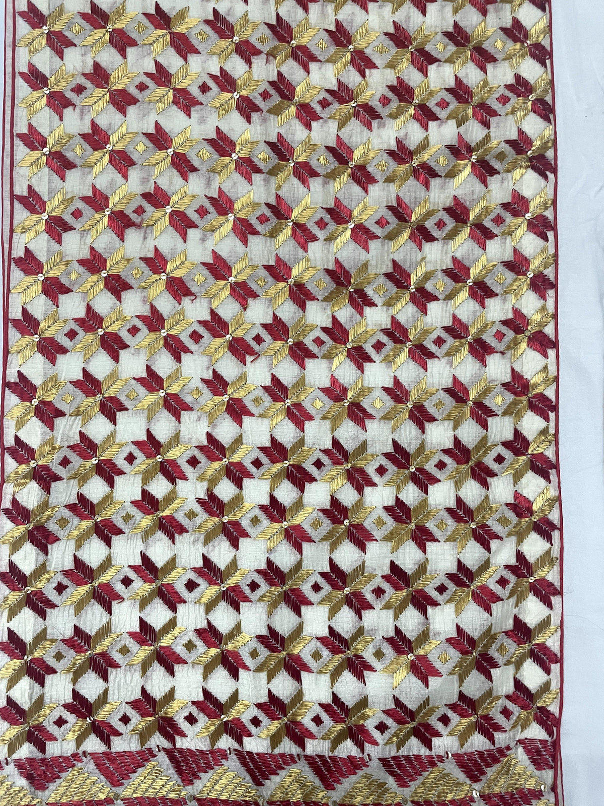 Phulkari Dupatta - Off-White with Maroon & Mustard Embroidery | The Amritsar Store - The Amritsar Store