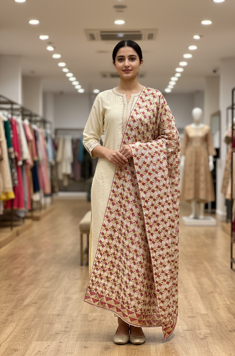 The Amritsar Store Beige Blossom Heritage Stole – Elegant Traditional Design for Women