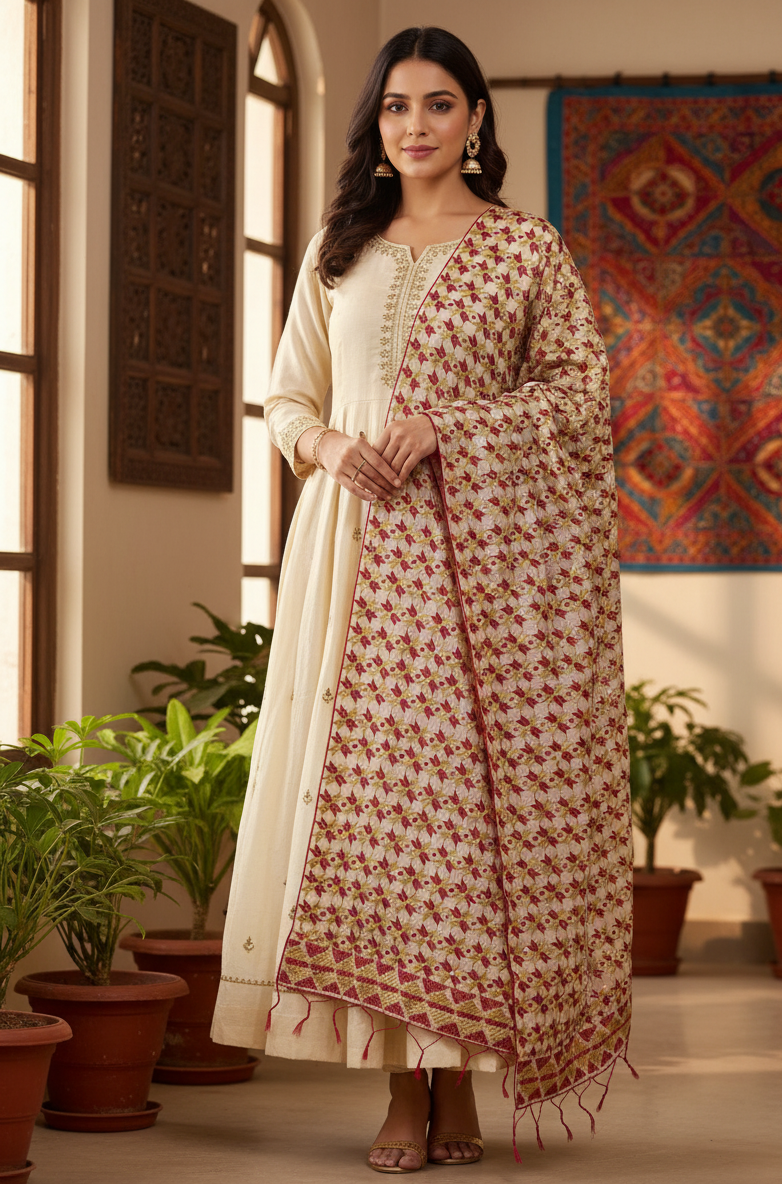 The Amritsar Store Beige Blossom Heritage Stole – Elegant Traditional Design for Women